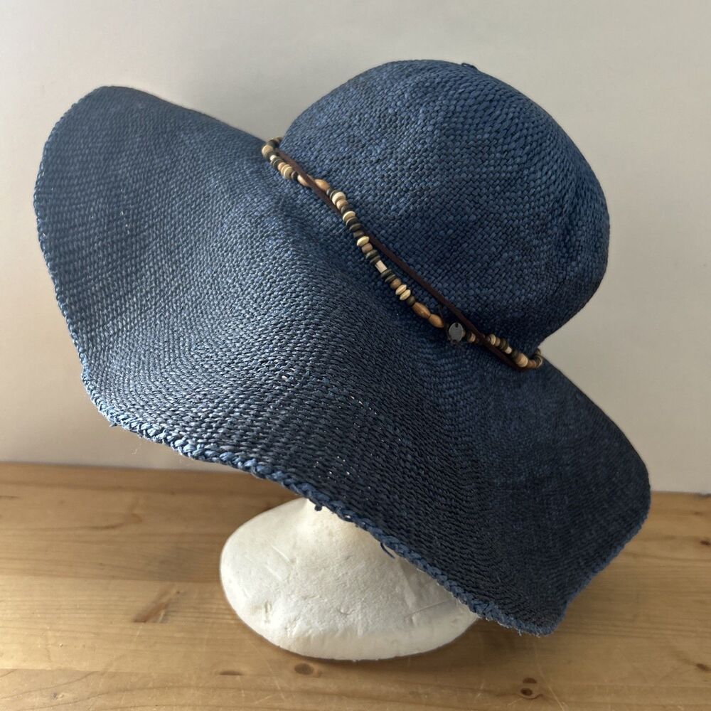 Kooringal Sunhat Navy Wide Brim Paper Straw Beaded Band Hat Beach Boho 57cm